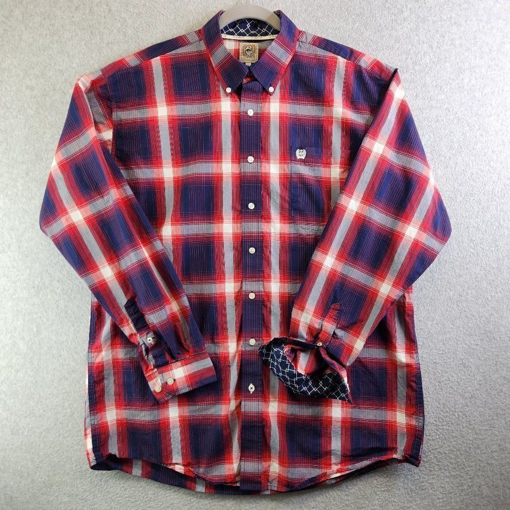 Cinch Shirt Mens Large Red Blue Plaid Contrasting Cuffs Pocket Western Rodeo